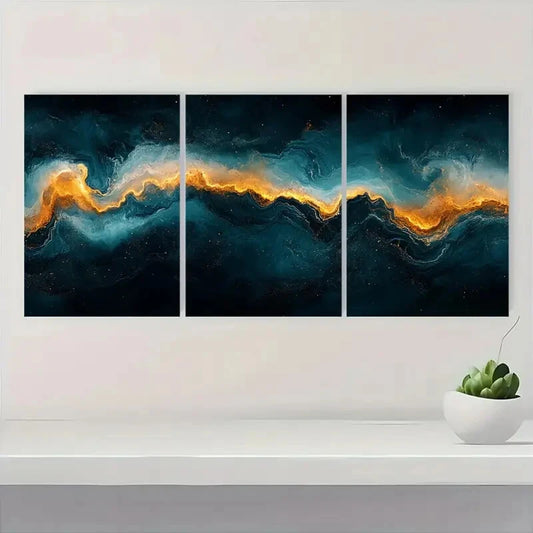 3pcs Dark Green & Golden Swirls Abstract Metal Print Ready to Hang Art