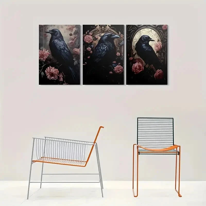 3pcs Gothic Raven with Black & Pink Roses Metal Print Ready to Hang Art
