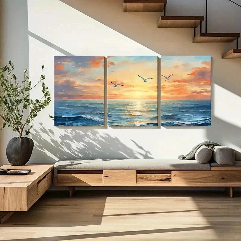 3pcs Ocean Landscape Sunset Waves & Seagulls Wall Art Set Canvas Framed 40x60cm - High Quality Print 100% Australian Made Wall Canvas Ready to Hang