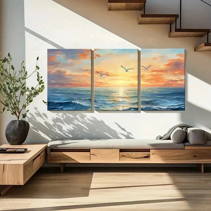 3pcs Ocean Landscape Sunset Waves & Seagulls Wall Art Set Canvas Framed 40x60cm - High Quality Print 100% Australian Made Wall Canvas Ready to Hang