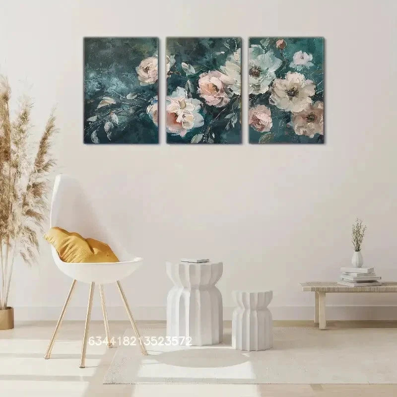 3pcs Dark Blue Floral Art Poster Oil Painting Metal Print Ready to Hang Art