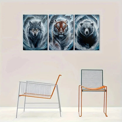 3pcs Wolf Tiger Bear Animal Themed Metal Print Ready to Hang Art