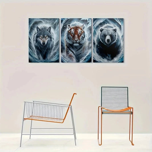 3pcs Wolf Tiger Bear Animal Themed Metal Print Ready to Hang Art