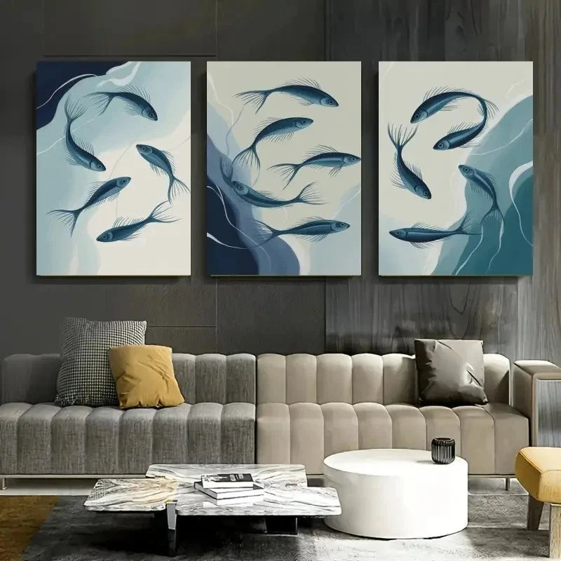 3pcs Koi Fish Watercolor Decorations Painting Metal Print Ready to Hang Art