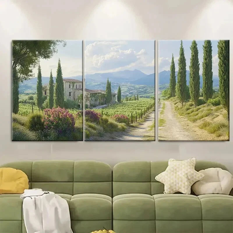 3pcs Farmhouses Spring Scenery with Cypress Roads Metal Print Ready to Hang Art
