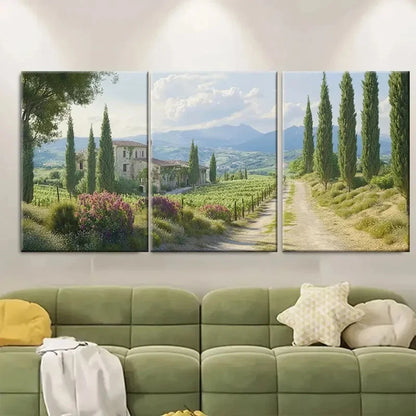 3pcs Farmhouses Spring Scenery with Cypress Roads Metal Print Ready to Hang Art
