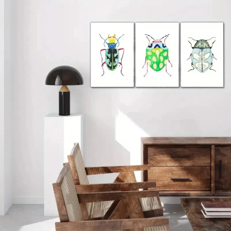 3pcs Light Blue Beetle Art Print Beautiful Bug Art Metal Print Ready to Hang