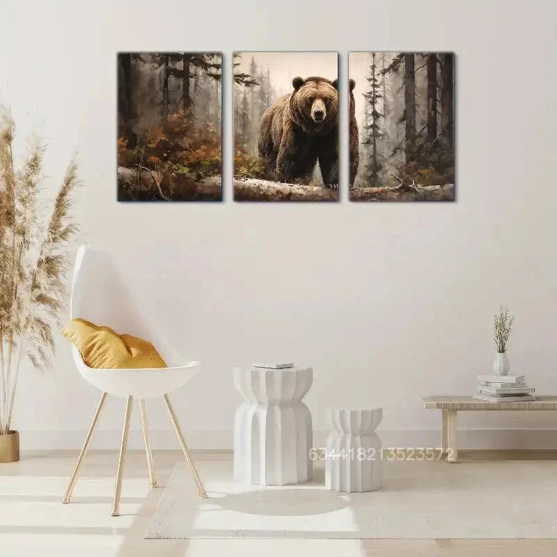 3pcs Grizzly Bear in Foggy Forest Metal Print Ready to Hang Art