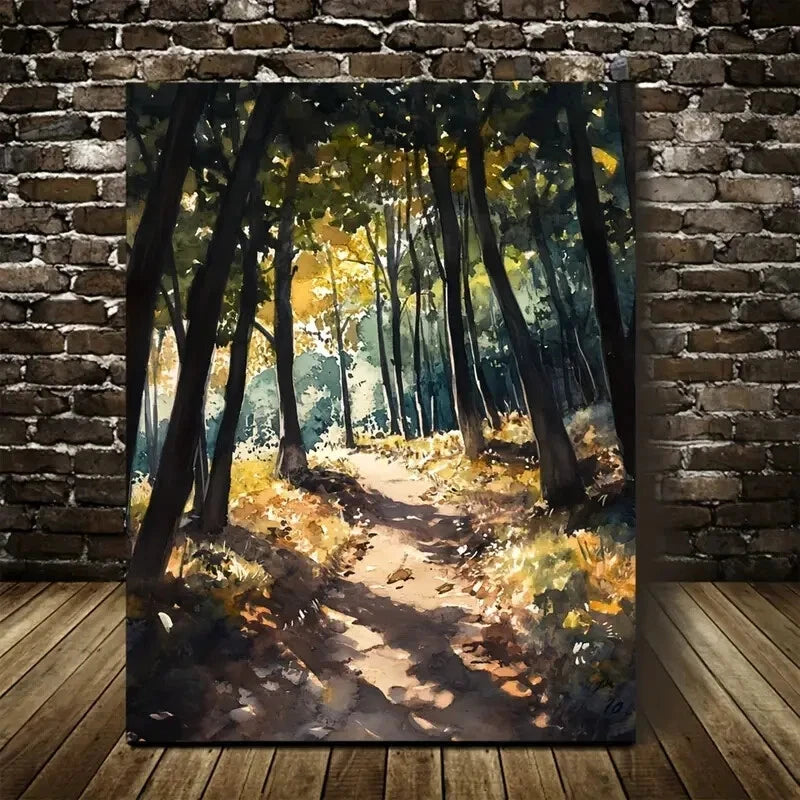 Vibrant Autumn Forest Sunlit Tree Pathway Painting 40x60cm Metal Print Ready to Hang
