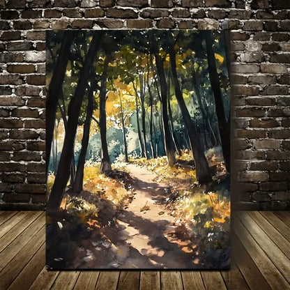 Vibrant Autumn Forest Sunlit Tree Pathway Painting 40x60cm Metal Print Ready to Hang