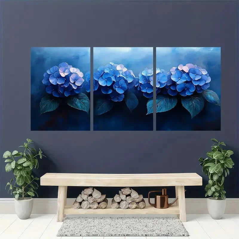 3pcs Blue Hydrangea Painting Print Garden Metal Print Ready to Hang Art