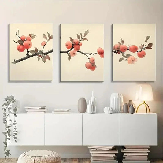 3pcs Branch With Delicate Fruit and Leaves Metal Print Ready to Hang Art