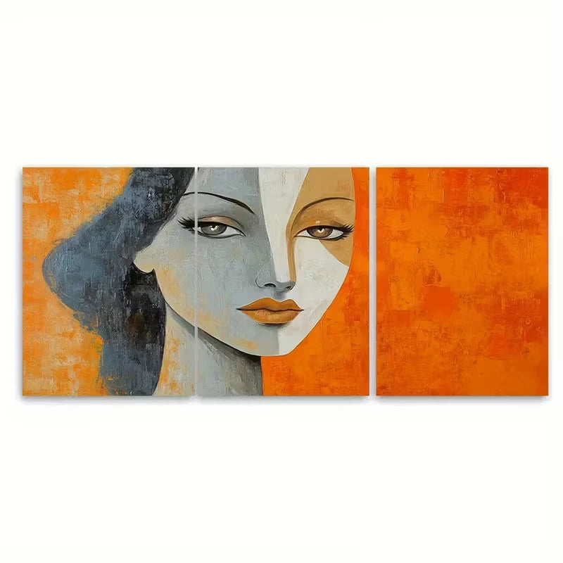 3pcs Orange and Beige Women Portrait Abstract Metal Print Ready to Hang Art