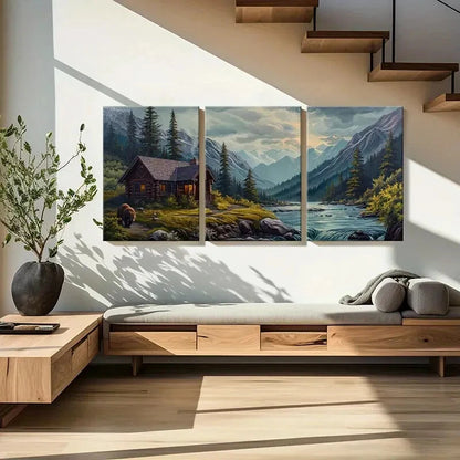 3pcs Rustic Mountain Cabin Bear & River Landscape Metal Print Ready to Hang Art