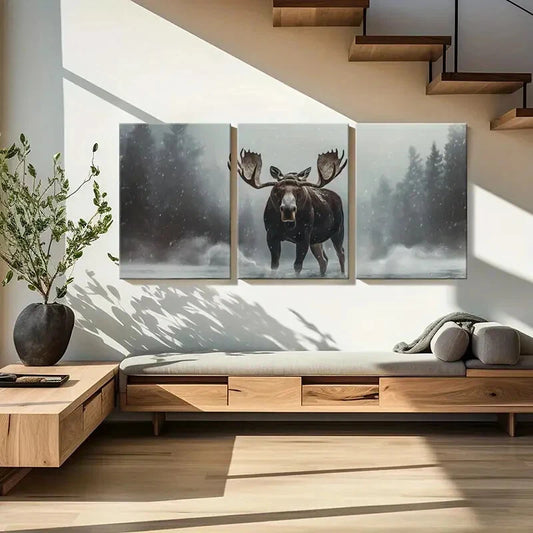 3pcs Winter Moose Art Snowy Forest Scene Metal Print Ready to Hang Art