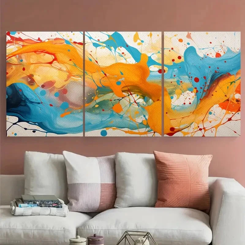 3pcs Vibrant Pastel Blue Brown Ink Wave Splatter Metal Print Ready to Hang Art