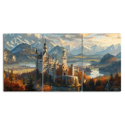 Neuschwanstein Castle Landscape 3 Piece Canvas Framed 60x90cm - High Quality Print 100% Australian Made Wall Canvas Ready to Hang