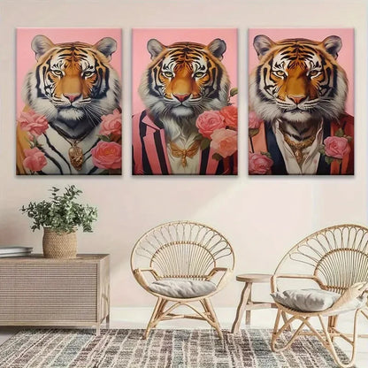 3pcs Vibrant Tiger Stylish Pink Roses Metal Print Ready to Hang Art