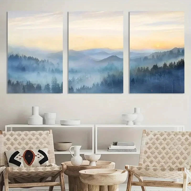 3pcs Sunrise Misty Forest Print Paintings Metal Print Ready to Hang Art