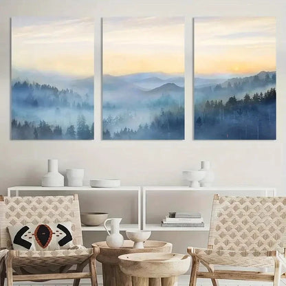 3pcs Sunrise Misty Forest Print Paintings Metal Print Ready to Hang Art