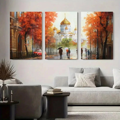 3pcs European Architecture Painting with Golden Metal Print Ready to Hang Art