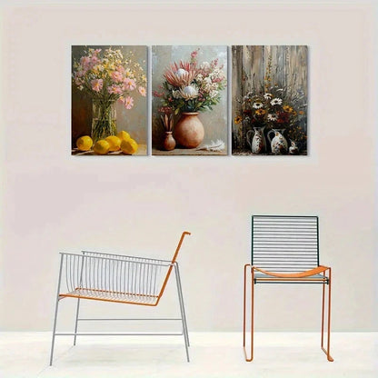 3pcs Rustic Vase with Flowers Metal Print Ready to Hang Art