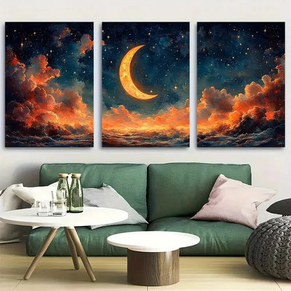 3pcs Crescent Moon with Whimsical Starry Sky Metal Print Ready to Hang Art