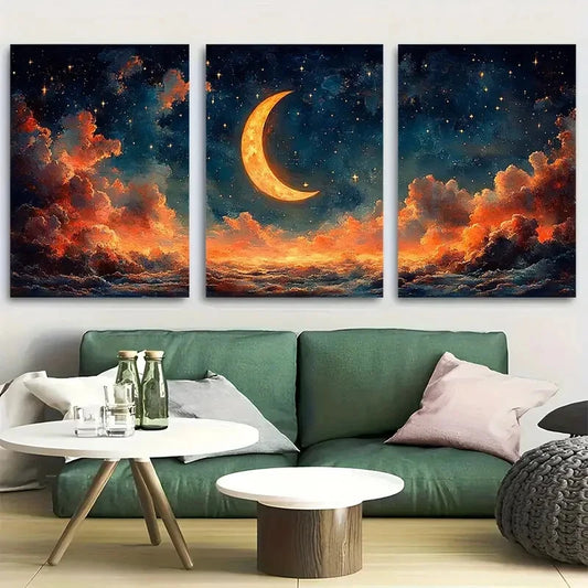 3pcs Crescent Moon with Whimsical Starry Sky Metal Print Ready to Hang Art