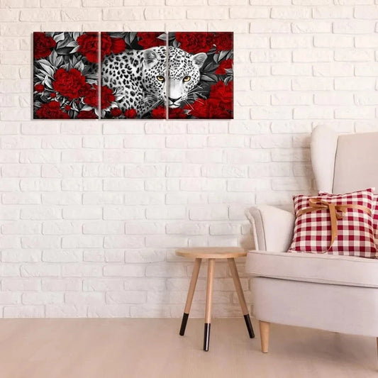 3pcs Black and White with Red Floral Leopard Metal Print Ready to Hang Art