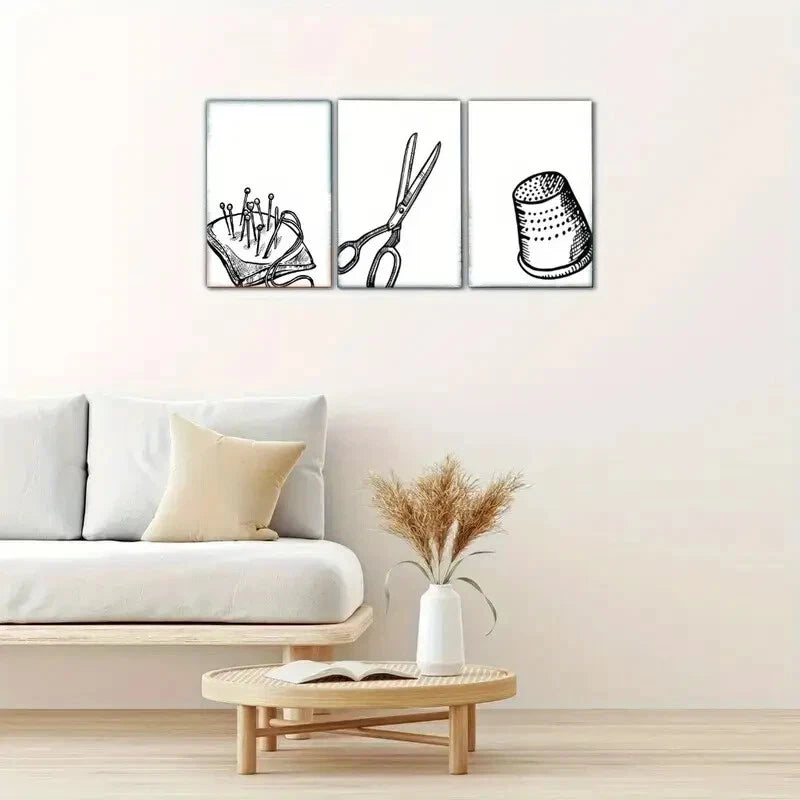 3pcs Sewing Needles Scissors Bucket Sewing Art Metal Print Ready to Hang Art