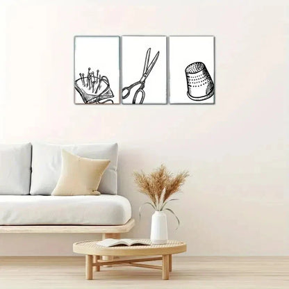 3pcs Sewing Needles Scissors Bucket Sewing Art Metal Print Ready to Hang Art