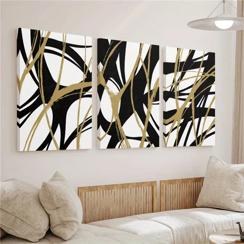 3pcs Abstract black and Golden line Wall Art Set Canvas Framed 40x60cm - High Quality Print 100% Australian Made Wall Canvas Ready to Hang