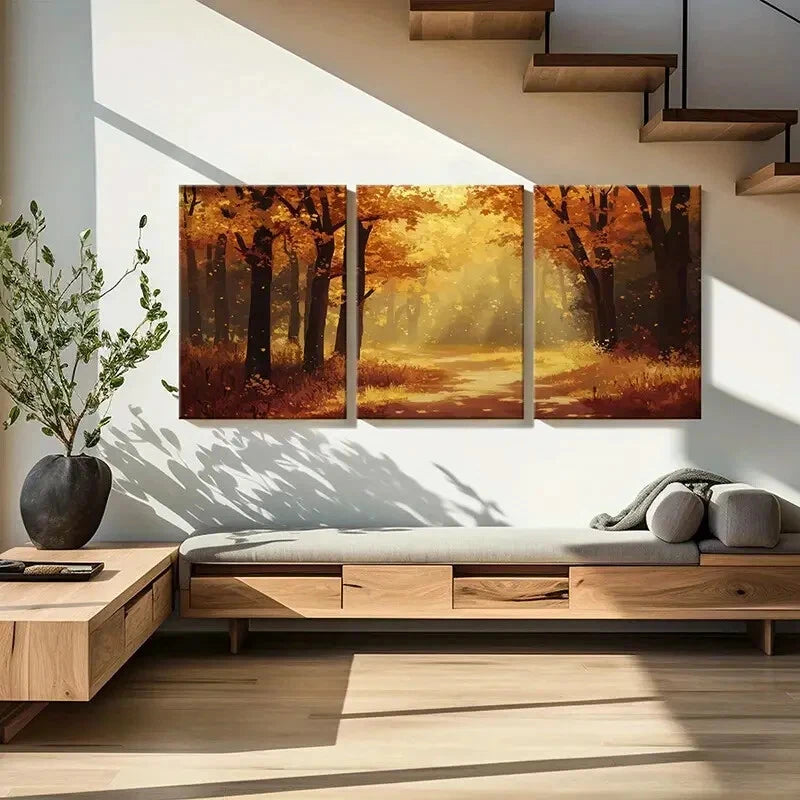 3pcs Autumn Forest Pathway Warm Sunlight Metal Print Ready to Hang Art