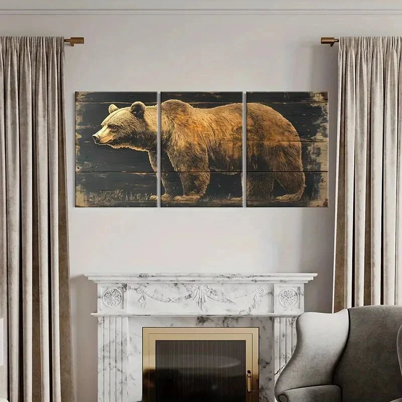 3pcs Bear Wood Texture Natural Scene Animal Metal Print Ready to Hang Art