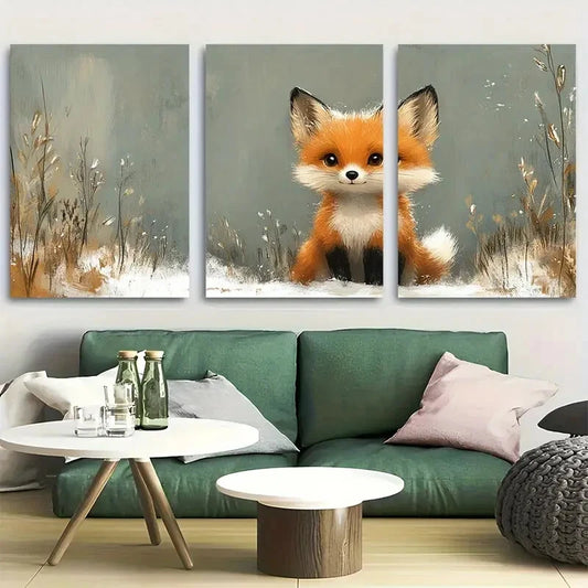 3pcs Cute Little Fox In The Forest and Snow Design Metal Print Ready to Hang Art