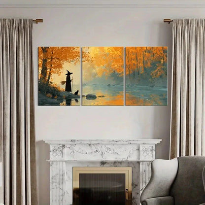 3pcs Autumn Forest Witch Silhouette Serene Lake Metal Print Ready to Hang Art