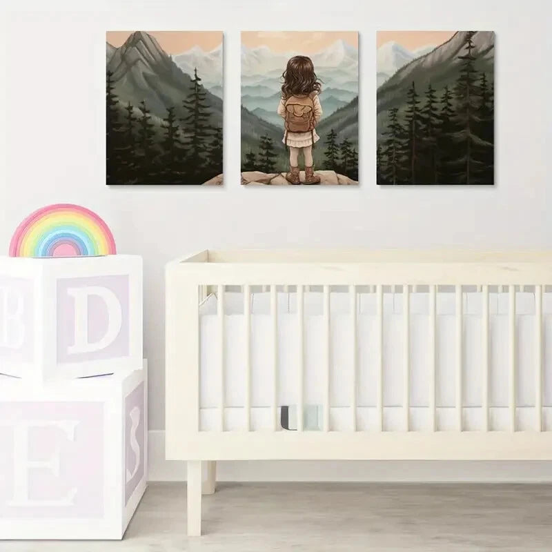 3pcs Adventure Nursery Woodland Girl Décor Wall Art Set Canvas Framed 40x60cm - High Quality Print 100% Australian Made Wall Canvas Ready to Hang