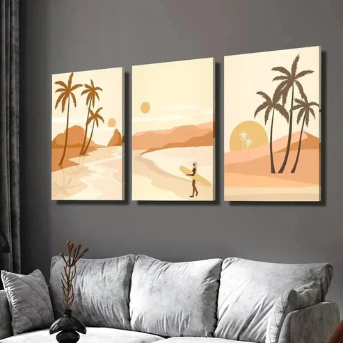 3pcs Palm Trees at Sunset Surfer on the Shore Wall Art Set Canvas Unframed - High Quality Print 100% Australian Made Wall Canvas
