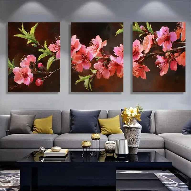 3pcs Peach Blossom Botanical Wall Art Set Metal Print Ready to Hang Art