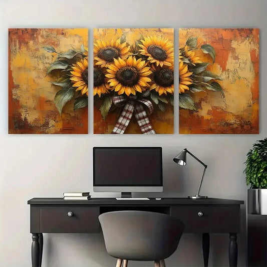 3pcs Floral Sunflower Bouquet Plaid Ribbon Metal Print Ready to Hang Art