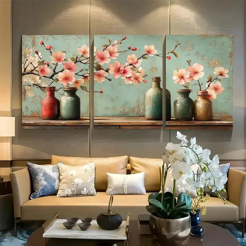 3pcs Vintage Bottles Botanical Chinoiserie Metal Print Ready to Hang Art