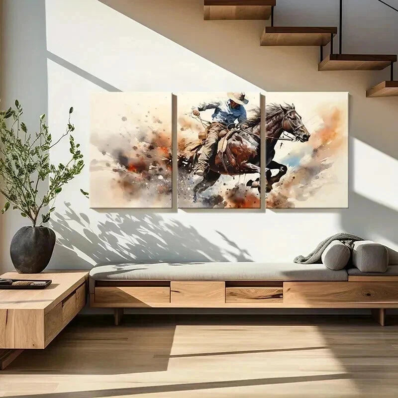 3pcs Abstract Animal Art Cowboy Horse Retro Wall Art Set Canvas Framed 40x60cm - High Quality Print 100% Australian Made Wall Canvas Ready to Hang