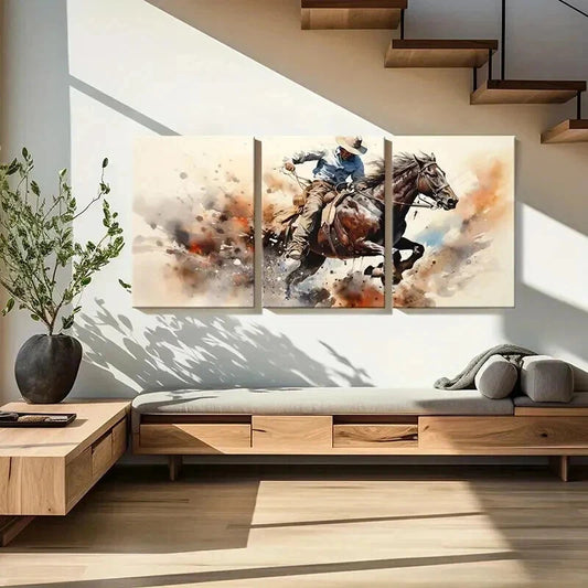 3pcs Abstract Animal Art Cowboy Horse Retro Wall Art Set Canvas Framed 40x60cm - High Quality Print 100% Australian Made Wall Canvas Ready to Hang