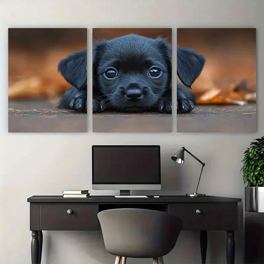 3pcs Sad Black Puppy Dog Illustration Metal Print Ready to Hang Art