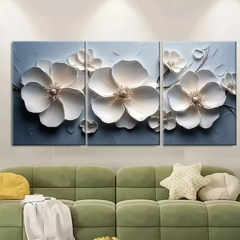 3pcs , White Floral Painting Metal Print Ready to Hang Art