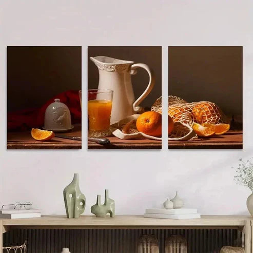 3pcs Oranges, Pitcher & Glass Classic Wall Art Canvas Unframed - High Quality Print 100% Australian Made Wall Canvas