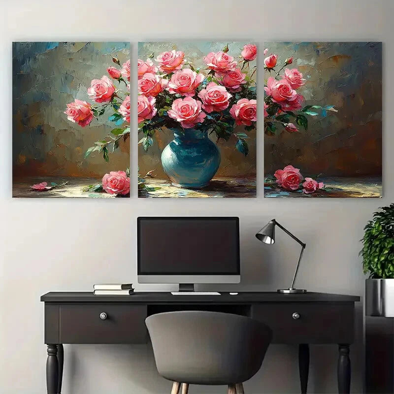 3pcs Bouquet of Pink Roses Flowers in a Vase Metal Print Ready to Hang Art