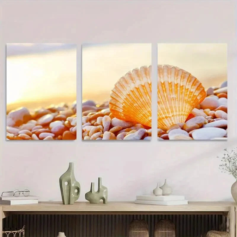 3pcs Seaside Sunset Shell Modern Coastal Oil Pain Metal Print Ready to Hang Art