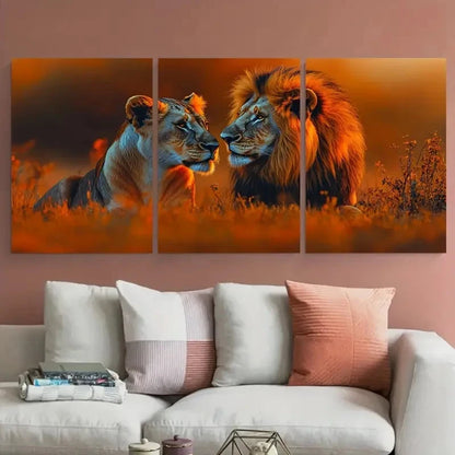 3pcs A Pair of Joyful Lions in Love Illustration Metal Print Ready to Hang Art