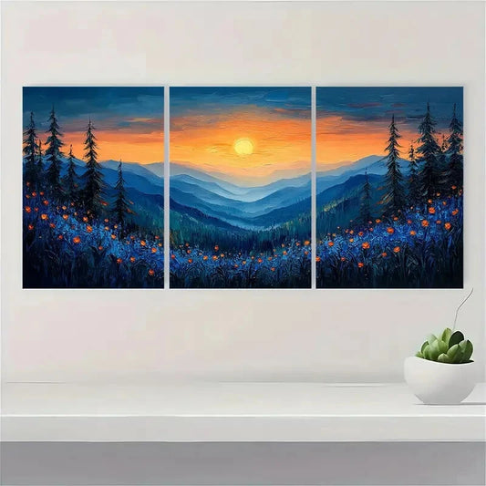 3pcs Oil Painting Texture Blue Landscape Metal Print Ready to Hang Art